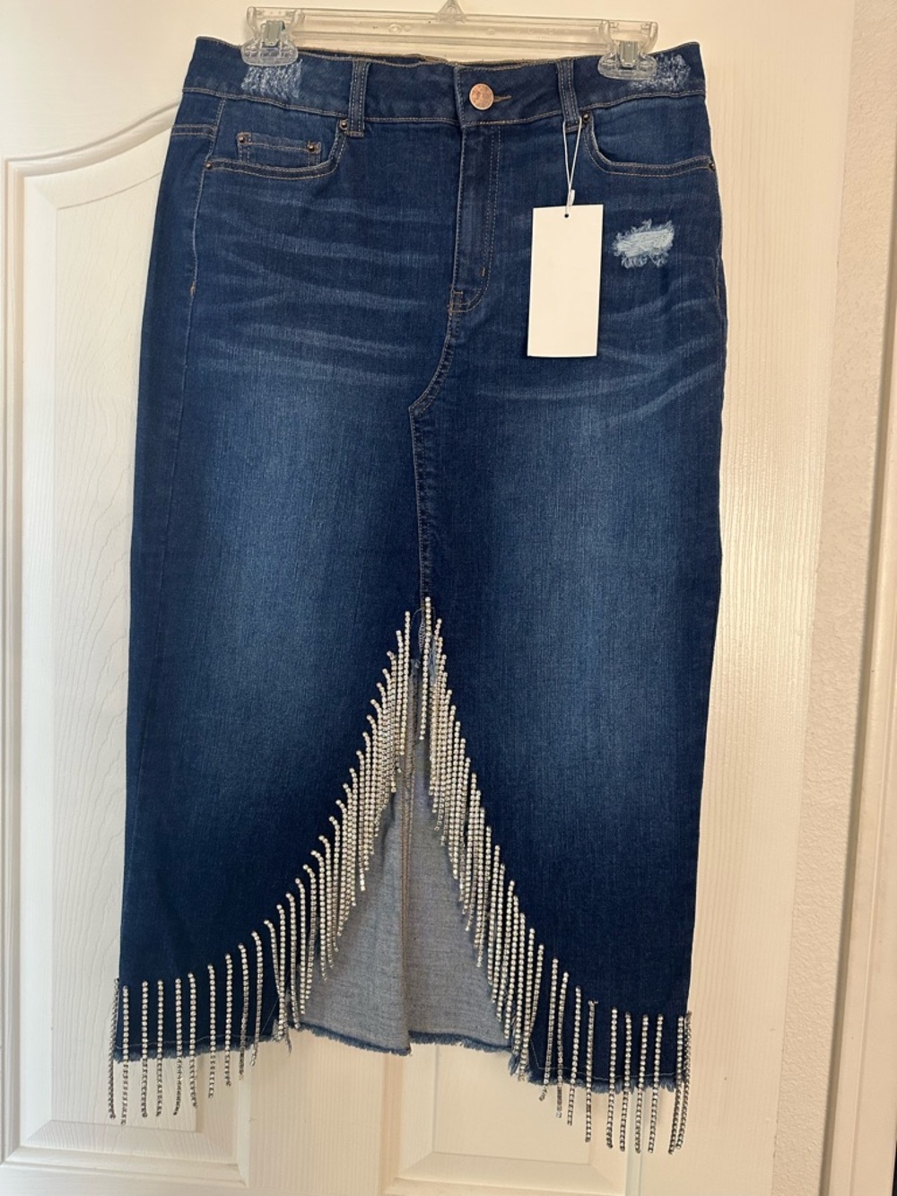 Embellished Dark Wash Denim Midi Skirt with Fringe Rhinestones